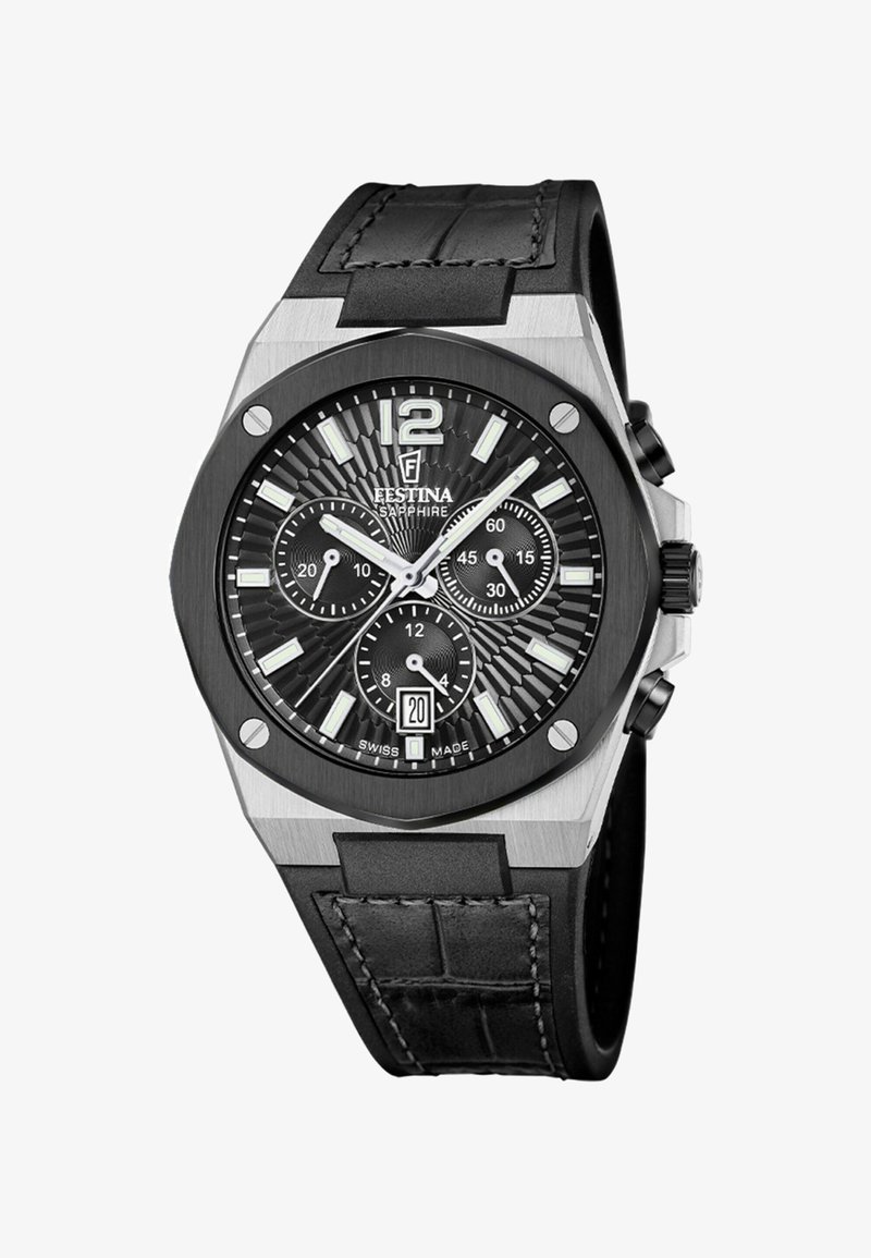 Orologio cronografo nero con cassa in acciaio inossidabile, quadrante nero testurizzato, indicatori luminosi e display della data. Cinturino in pelle nera con cuciture.