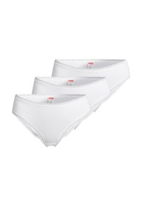 Weiße Baumwollbikini-Unterwäsche mit Spitzeneinsatz, die eine weiche Textur und einen elastischen Bund aufweist. Drei Paare nebeneinander angeordnet.