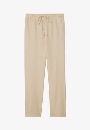 Pantalons beiges légers avec une taille élastiquée et un cordon de serrage. Design à jambes droites ; texture lisse sans motifs ni embellissements.