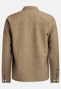 Tan long-sleeve shirt with a textured pattern, buttoned cuffs, and a collar. The back features a simple design without additional details.
