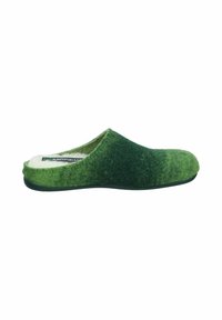 Green felt clogs with an open back, featuring a textured surface and a soft interior lining. Sleek, rounded shape with a black sole.