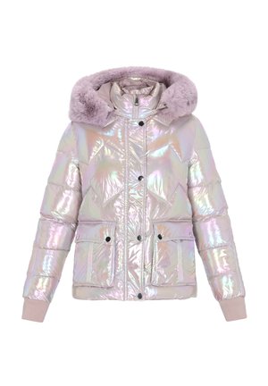 Irisovaná péřová bunda s kapucí s umělým kožíškem, s prošívaným designem, předními knoflíky a dvěma bočními kapsami. Barva se mění podle světla.