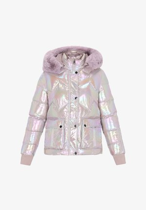 Irigált puffertalp kabát műszőrme kapucnival, steppelt mintázattal, elöl gombokkal és két oldalzsebbel. A színe fényben változik.