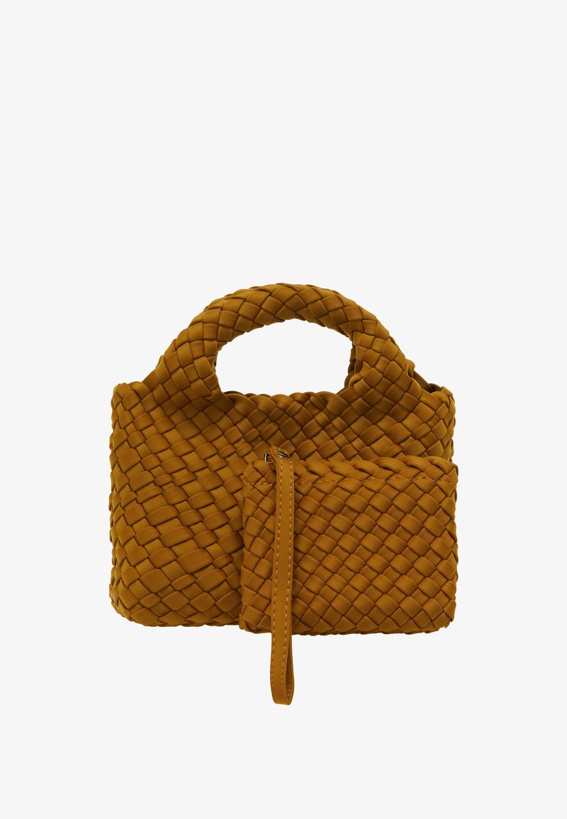 Nėrinys garstyčių spalvos rankinė su apvaliais rankenomis. Yra nuimamas užtrauktuku užsegamas maišelis, pritvirtintas dirželiu. Tekstūruota paviršius ir kompaktiškas dizainas.