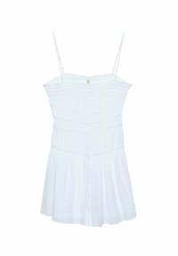 Vestido blanco sin mangas con un cuerpo fruncido, botones en la parte delantera y falda acampanada. Presenta tirantes finos ajustables y una tela texturizada.