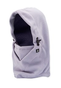 Chauffe-nuque en polaire de couleur lilas, avec une texture douce, un cordon réglable et une inscription en patch. Conçu pour la chaleur et la protection.