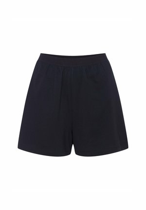 Czarne bawełniane szorty z elastycznym pasem, wykazujące luźny krój i gładką fakturę. Prosty design, bez kieszeni i zdobień.