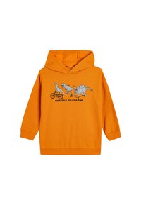Oranje katoenen hoodie met een grafisch ontwerp van drie dinosaurussen en de tekst "FREESTYLE ROLLING TIME" eronder. Met capuchon, geribbelde manchetten.