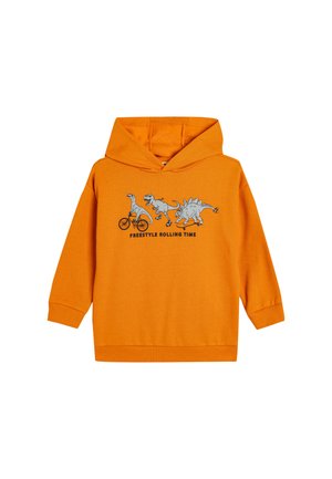 Oranje katoenen hoodie met een grafisch ontwerp van drie dinosaurussen en de tekst "FREESTYLE ROLLING TIME" eronder. Met capuchon, geribbelde manchetten.
