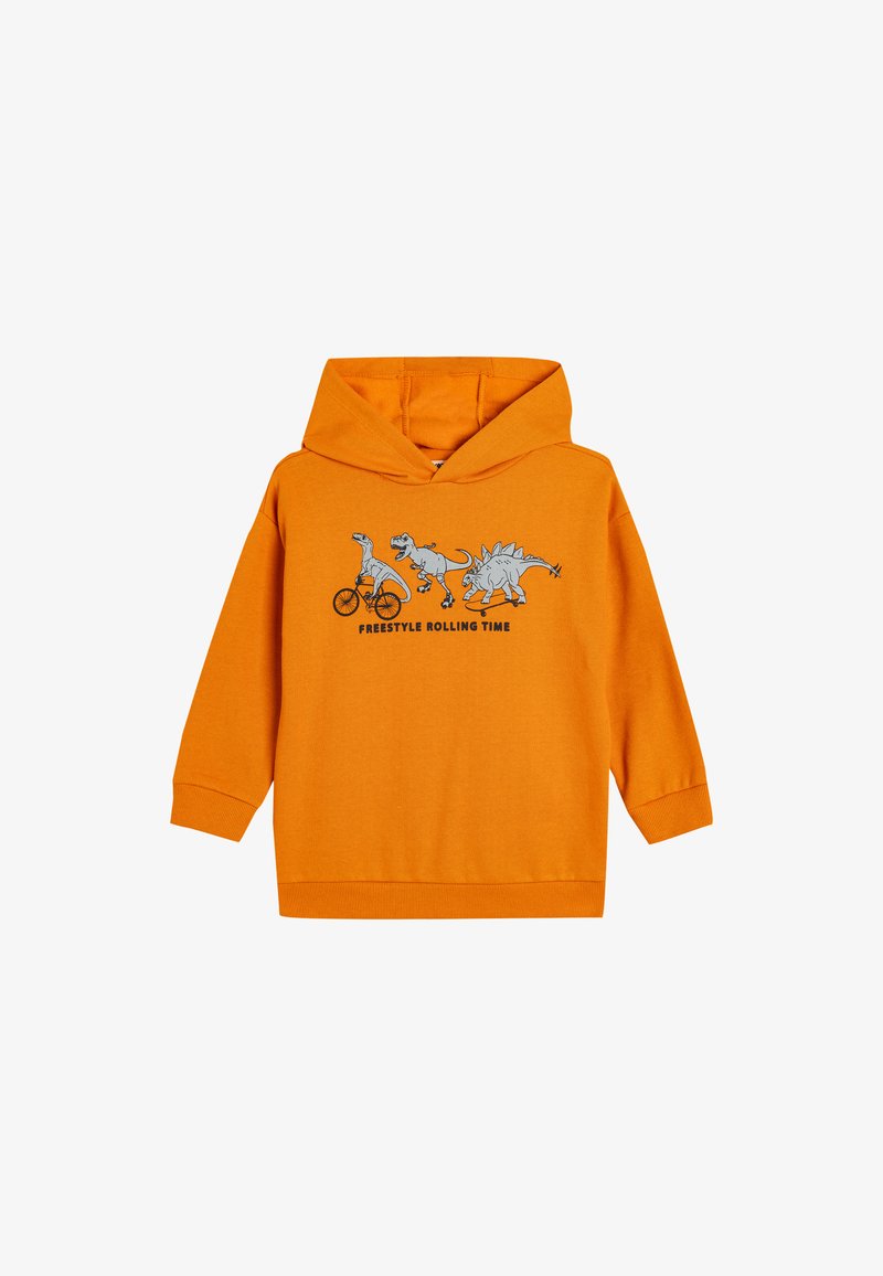 Pomarańczowy bawełniany hoodie z grafiką trzech dinozaurów oraz napisem "FREESTYLE ROLLING TIME" poniżej. Model z kapturem, z prążkowanymi mankietami.