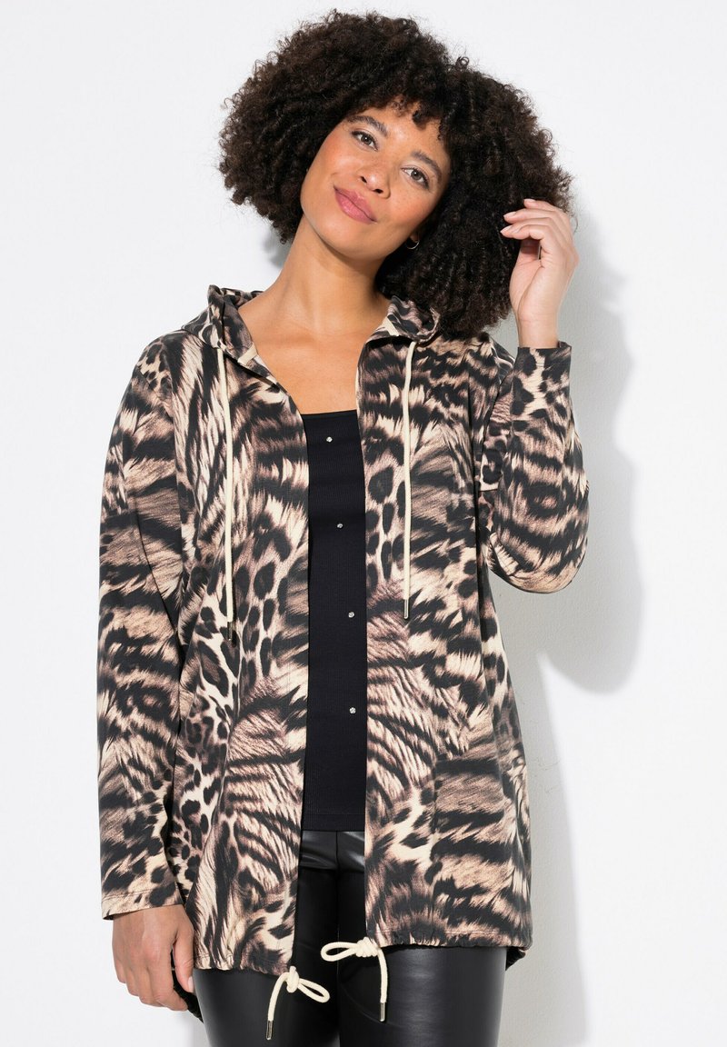 Manteau long à capuche en imprimé animal, doté d'un motif beige et marron, cordons de serrage ajustables et coupe décontractée.