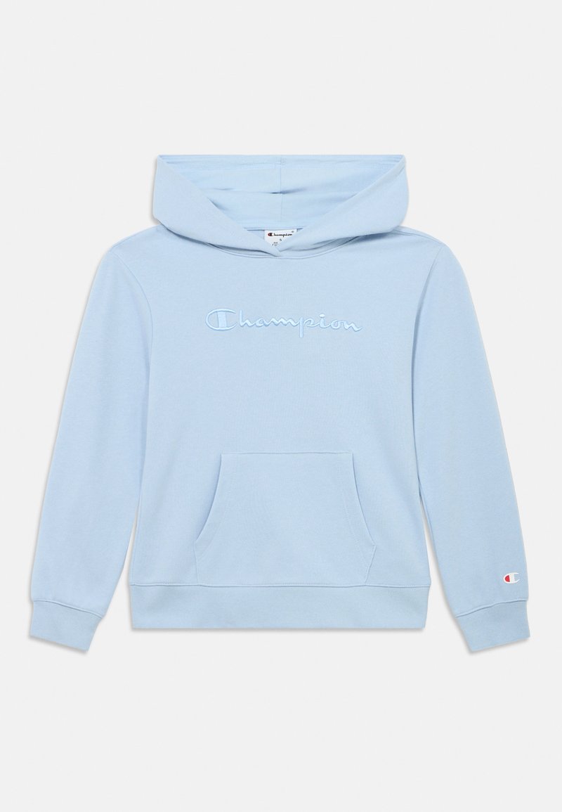 Φωτεινή γαλάζια φούτερ με κουκούλα από βαμβακερό μείγμα ύφασμα, με τσέπη μπροστά, κεντητό λογότυπο "Champion" και ριμπ τελειώματα με διακοσμητικό λογότυπο.