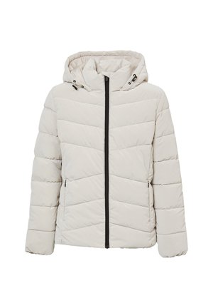 Veste matelassée beige clair avec capuche, fermeture éclair frontale noire et poches latérales zippées, conçue pour les temps froids.