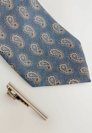 Blue paisley tie with intricate white and gold patterns; textured fabric. Silver tie clip placed beside it, featuring a sleek design.