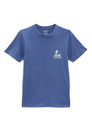 T-shirt in cotone blu a maniche corte con un logo grafico bianco sul lato sinistro del petto e design a girocollo. Texture liscia, stile casual.