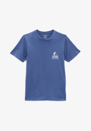 T-shirt en coton bleu à manches courtes présentant un logo graphique blanc sur la poitrine gauche et un col rond. Texture lisse, style décontracté.