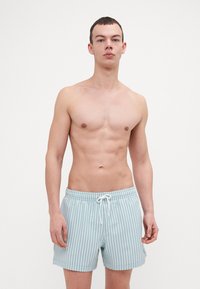 Hellblaue gestreifte Badeshorts mit einem Kordelzugbund und lockerer Passform. Sie bestehen aus weichem Material und haben vertikale weiße Streifen.