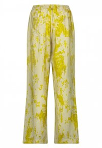 Lichtbeige wijde broek met een gele abstracte print, elastische tailleband en twee zijzakken. Gemaakt van een zachte, ademende stof.