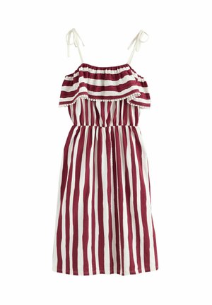 Robe à bretelles avec volant à épaules dénudées, présentant des rayures alternées bordeaux et blanches, taille élastique et bretelles nouées sur les épaules.