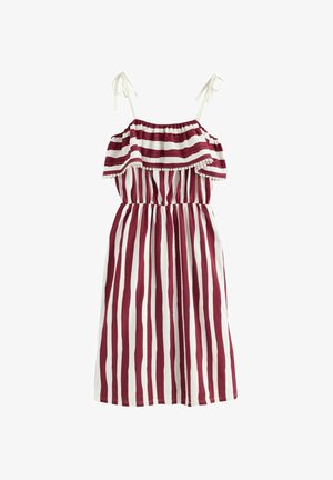 Trägerkleid mit schulterfreiem Volant, abwechselnd in weinrot und weiß gestreift, mit elastischem Bund und gebundenen Trägern.