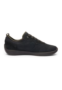Black low-top lace-up sneaker with knitted fabric upper, textured side pattern, cushioned sole, and pull tab on heel.