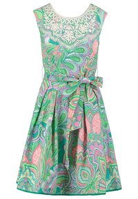 Sleeveless dress with multicolor paisley pattern in green, pink, and purple, featuring white floral embroidery on round neckline and tied waist belt.