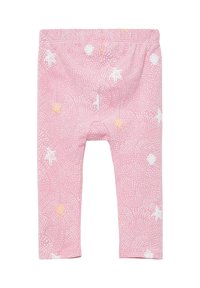 Roze leggings met een stippenpatroon en witte en perzikkleurige mariene ontwerpen, waaronder zeesterren en schelpen, met een elastische tailleband.