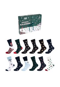 Pudełko kalendarza adwentowego zawierające 24 pary skarpetek o różnych wzorach, w tym świątecznych, jedzeniowych i sportowych, w wielu kolorach.
