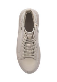 Beżowe skórzane sneakersy typu high-top z sznurówkami, zamkiem błyskawicznym z boku, gładką fakturą, okrągłym czubkiem i minimalistycznym designem. Podeszwa wydaje się solidna.