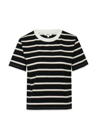 T-shirt à manches courtes rayé noir et blanc avec un col rond et des bordures blanches contrastées. Texture lisse et coupe régulière.
