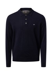 Dunkelblaues langärmliges Poloshirt aus weichem Material, mit einer Drei-Knopf-Leiste und einem kleinen Logo auf der linken Brust.