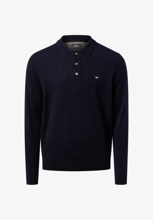 Dunkelblaues langärmliges Poloshirt aus weichem Material, mit einer Drei-Knopf-Leiste und einem kleinen Logo auf der linken Brust.