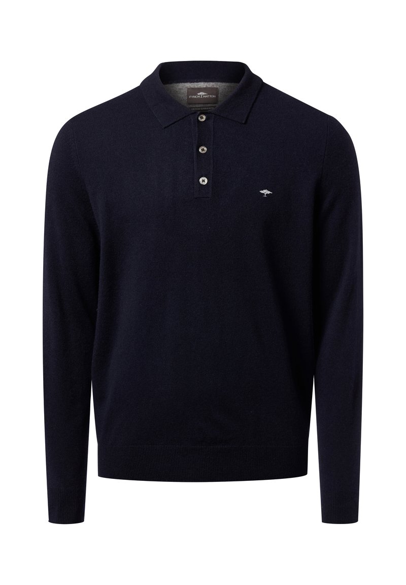 Dunkelblaues langärmliges Poloshirt aus weichem Material, mit einer Drei-Knopf-Leiste und einem kleinen Logo auf der linken Brust.