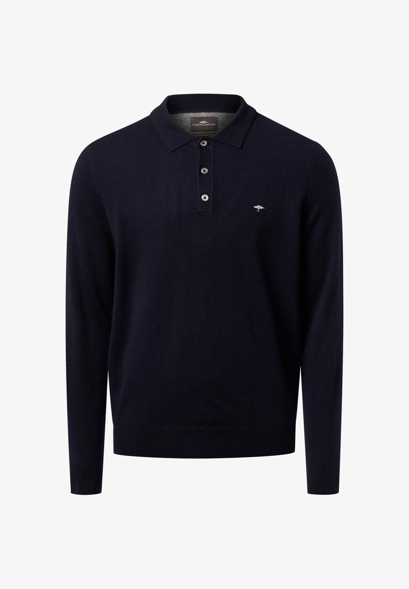 Dunkelblaues langärmliges Poloshirt aus weichem Material, mit einer Drei-Knopf-Leiste und einem kleinen Logo auf der linken Brust.