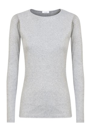 T-shirt grigio chiaro a maniche lunghe realizzato in cotone morbido, con scollatura rotonda e silhouette aderente, senza motivi o accenti visibili.