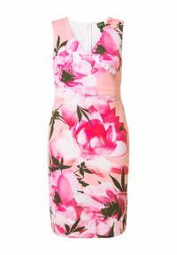 Květinové šaty s růžovým pozadím a velkými růžovými květinovými potisky. Bez rukávů, s obepnutým střihem a zapínáním na zip na zadní straně.