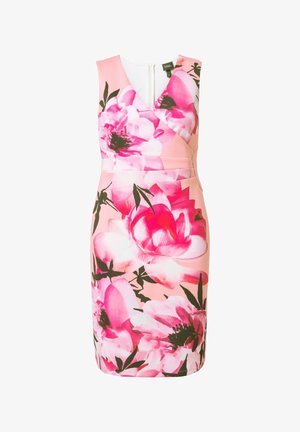 Blomstret kjole med en pink baggrund og store, pink blomsterprints. Ærmeløs design med en tætsiddende pasform og lynlås i ryggen.