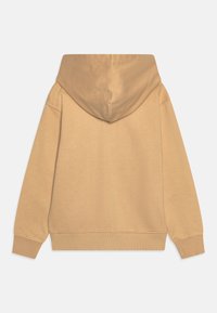 Sudadera con capucha en color beige claro, con una textura suave, puños y dobladillo acanalados. El diseño es sencillo, sin logotipos ni detalles visibles.