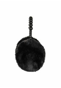 Czarne sztuczne futro nauszniki o okrągłym kształcie, z koralikowym czarnym uchwytem. Miękka tekstura, kompaktowy kształt, odpowiednie na chłodne dni.