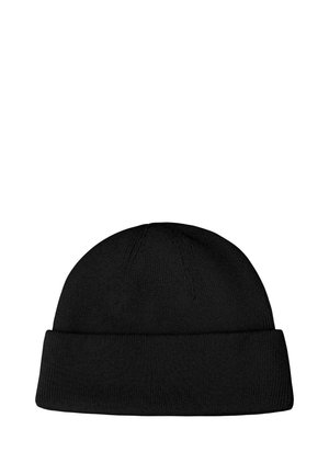 Zwarte gebreide beanie met een omgeslagen rand, voorzien van een gladde textuur en naadloos ontwerp, geschikt voor wintergebruik.
