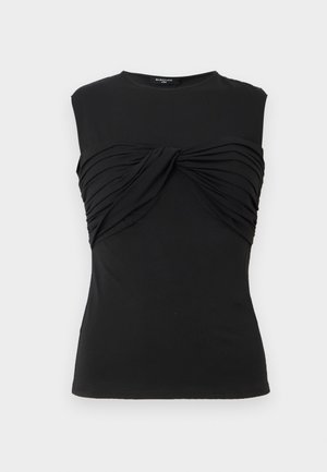 Sleeveless black top with a twisted, gathered fabric detail across the chest and a round neckline.