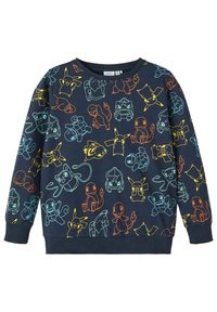 Mariene sweatshirt met kleurrijke lijntekeningen van Pokémon-personages in oranje, blauw en geel. Geribbelde ronde halslijn en manchetten. Zacht materiaal.
