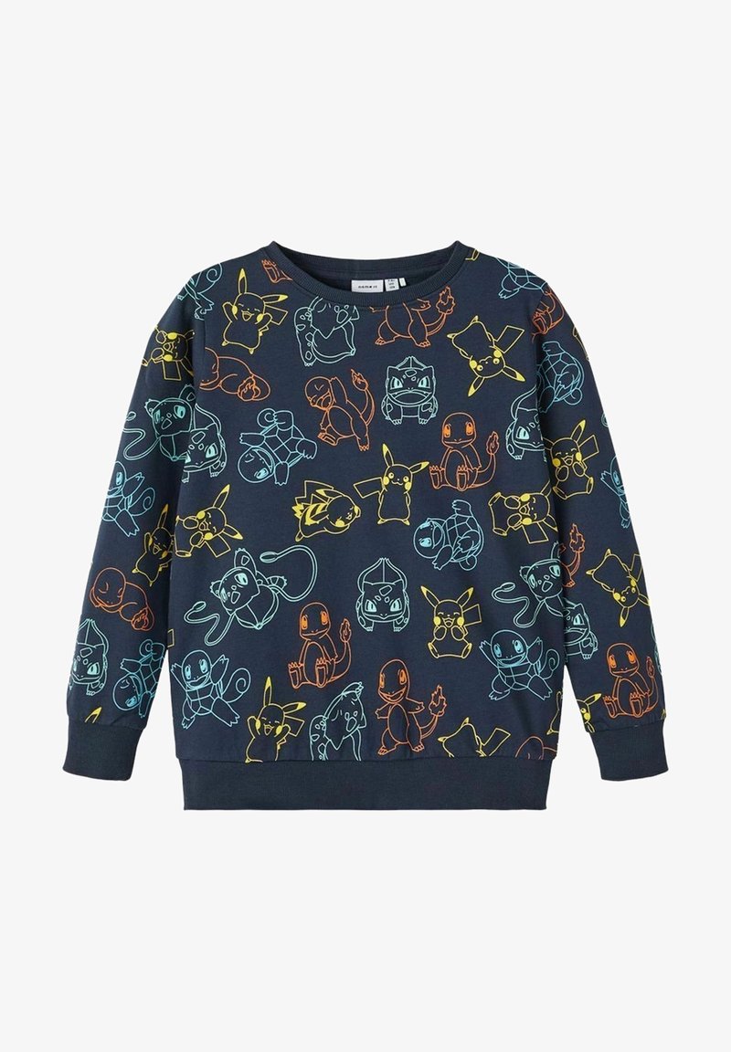 Sudadera de marina con personajes de Pokémon dibujados con líneas coloridas en naranja, azul y amarillo. Cuello redondo y puños de canalé. Tela suave.