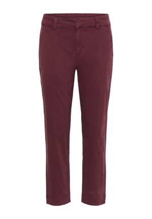 Pantalon slim en coton de couleur bourgogne avec une texture lisse, doté d'une taille classique et de poches standards. Jambe droite.