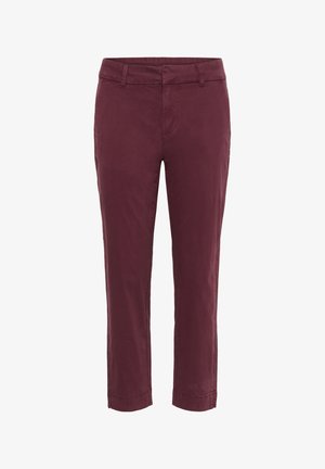 Burgundy, slim-fit trousers made of cotton with a smooth texture, featuring a classic waistband and standard pockets. Straight-cut leg.