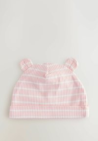 Berretto lavorato a maglia a righe rosa e bianche con un risvolto e due piccole orecchie da orso sulla parte superiore. Texture morbida e design elasticizzato.