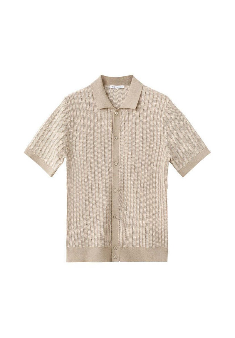 Cardigan beige à manches courtes tricoté avec côtes verticales, boutonnage à l'avant et col pointu.