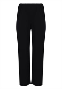 Zwarte, geplooide wijde broek met een elastische tailleband. Gemaakt van een zachte stof, met een verticale ribbelstructuur en een kuitlange snit.
