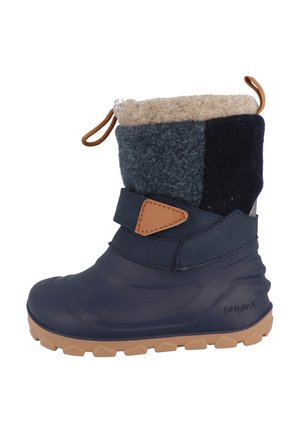 Stivale invernale per bambini con parte inferiore in gomma blu navy, tomaia in lana multicolore, laccetti color cuoio, cinturino color cuoio con toppa triangolare e suola texturizzata color cuoio.