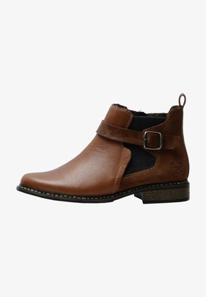 Brown leather ankle boot with side elastic panels, a decorative strap with a metal buckle, and a low stacked heel. Stitched detailing.